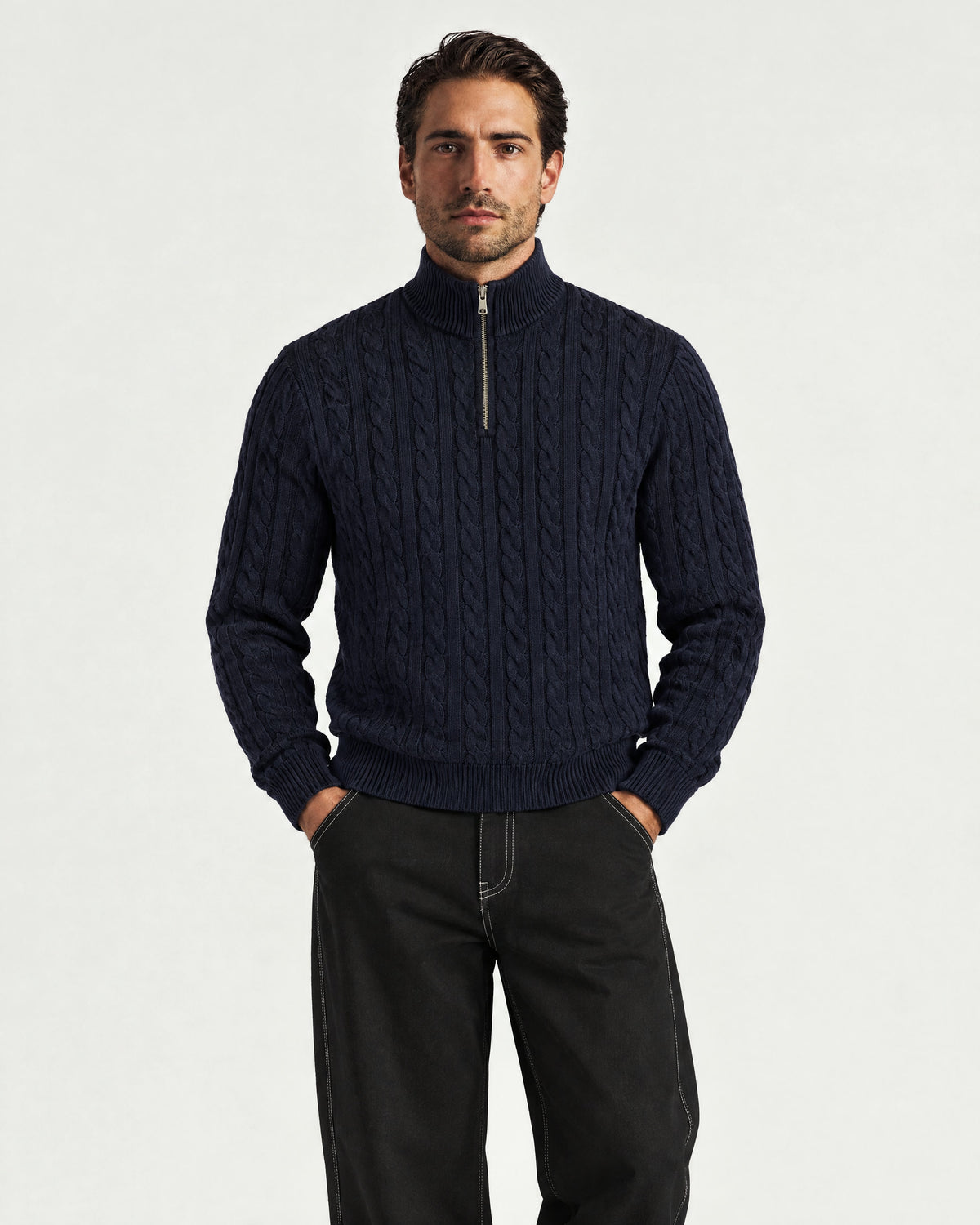 Romimi Cable Knit Quarter-Zip in Navy, worn
