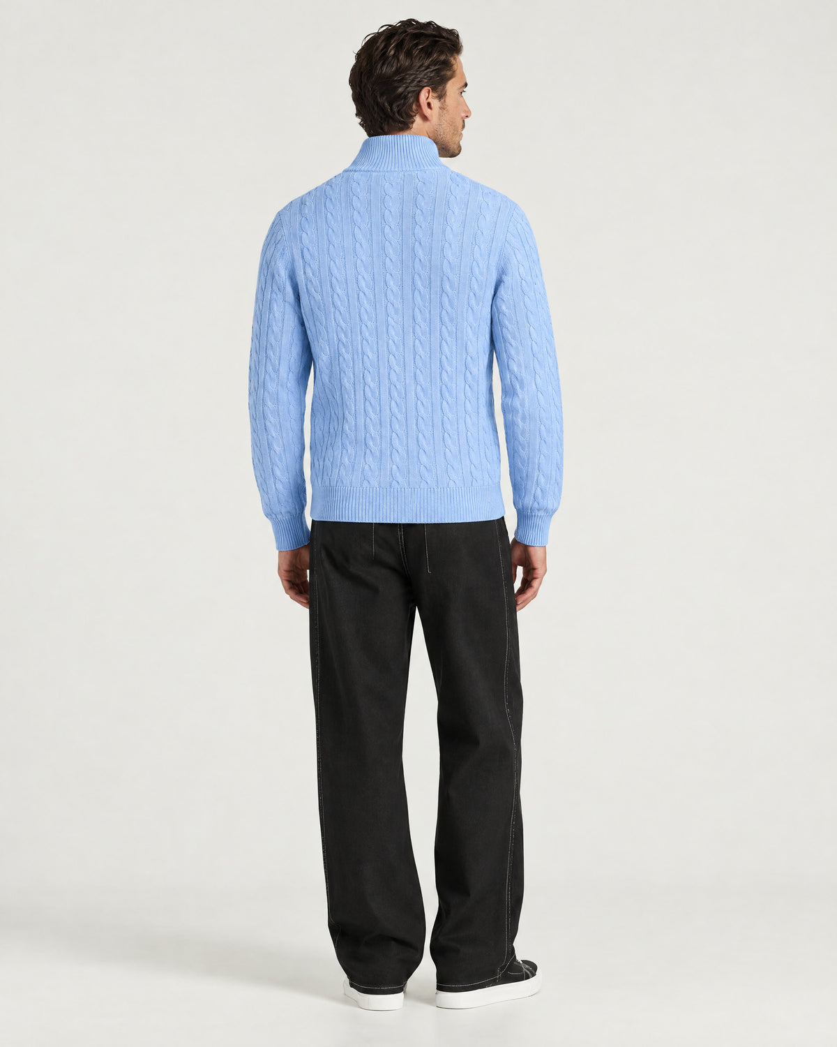 Romimi Cable Knit Quarter-Zip in Sky Blue, back view, worn