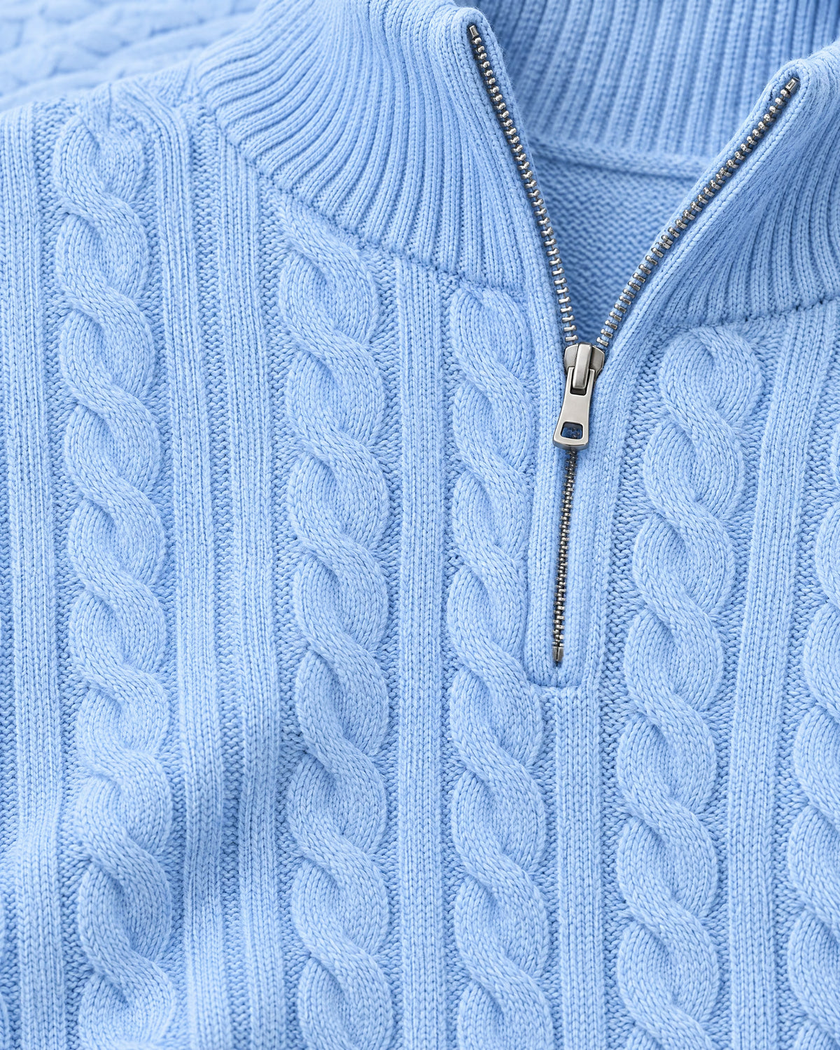 Romimi Cable Knit Quarter-Zip in Sky Blue, fabric close-up