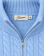 Romimi Cable Knit Quarter-Zip in Sky Blue, label close-up