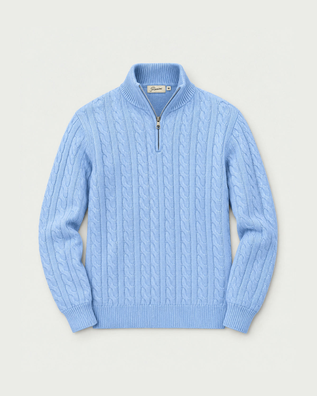 Romimi Cable Knit Quarter-Zip in Sky Blue, front view