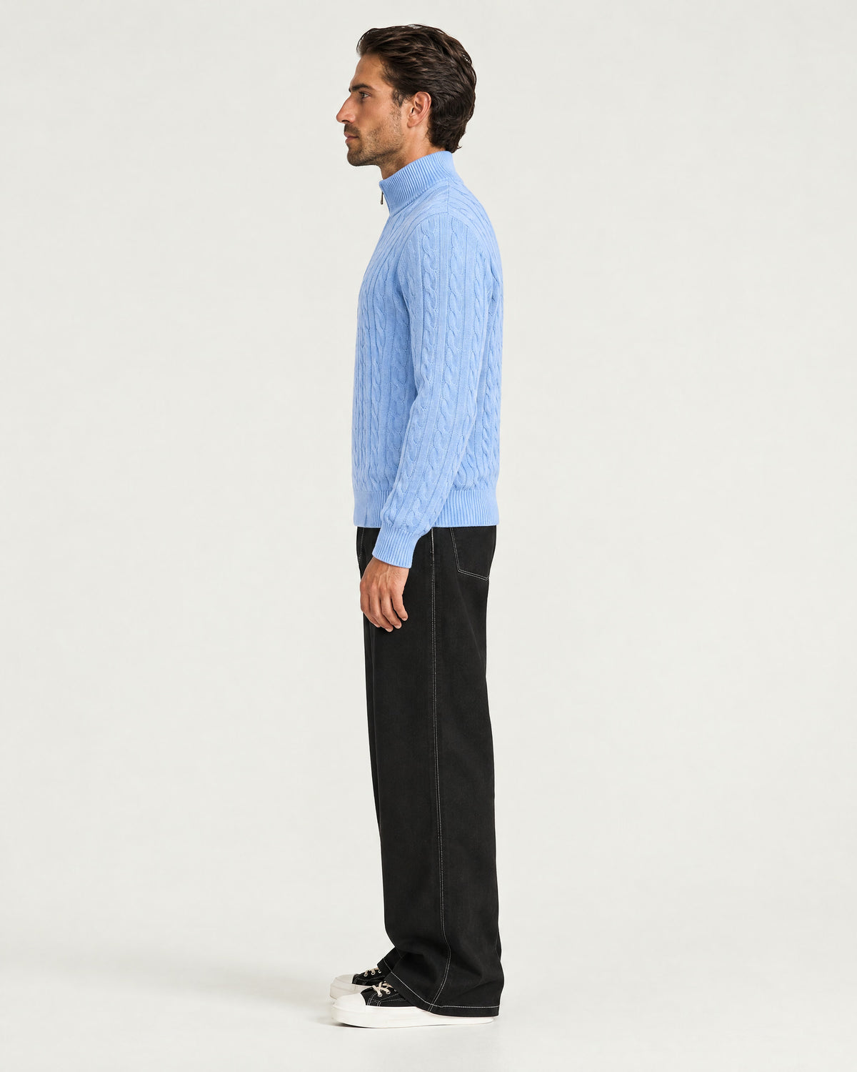 Romimi Cable Knit Quarter-Zip in Sky Blue, side view, worn