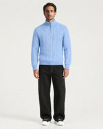 Romimi Cable Knit Quarter-Zip in Sky Blue, worn