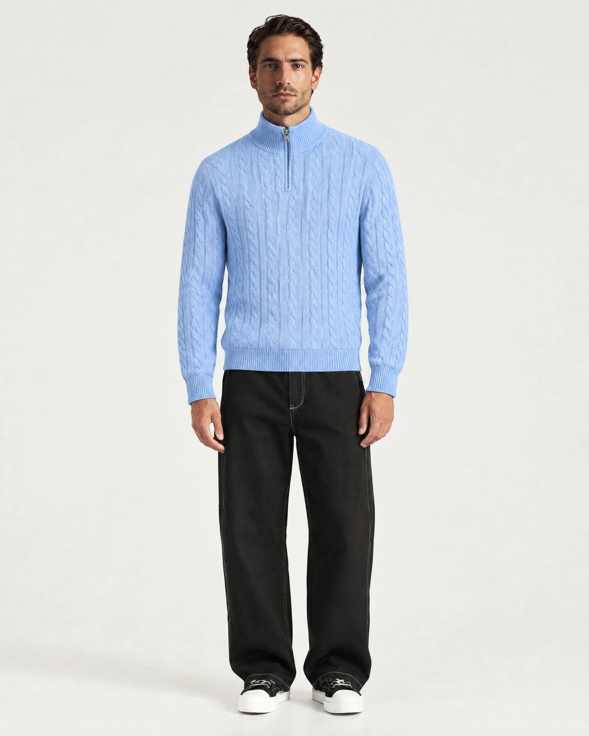 Romimi Cable Knit Quarter-Zip in Sky Blue, worn