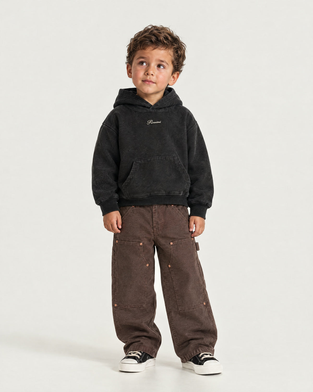 Little boy wearing the Romimi Carpenter Pant - Chocolat, full length