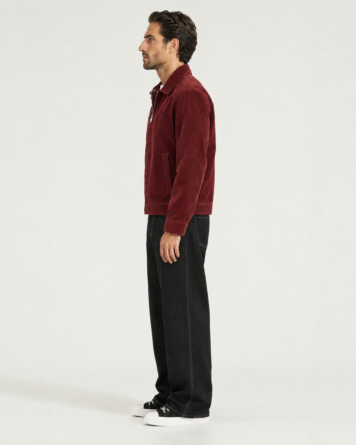 Romimi Corduroy Harrington in Burgundy, side view, worn