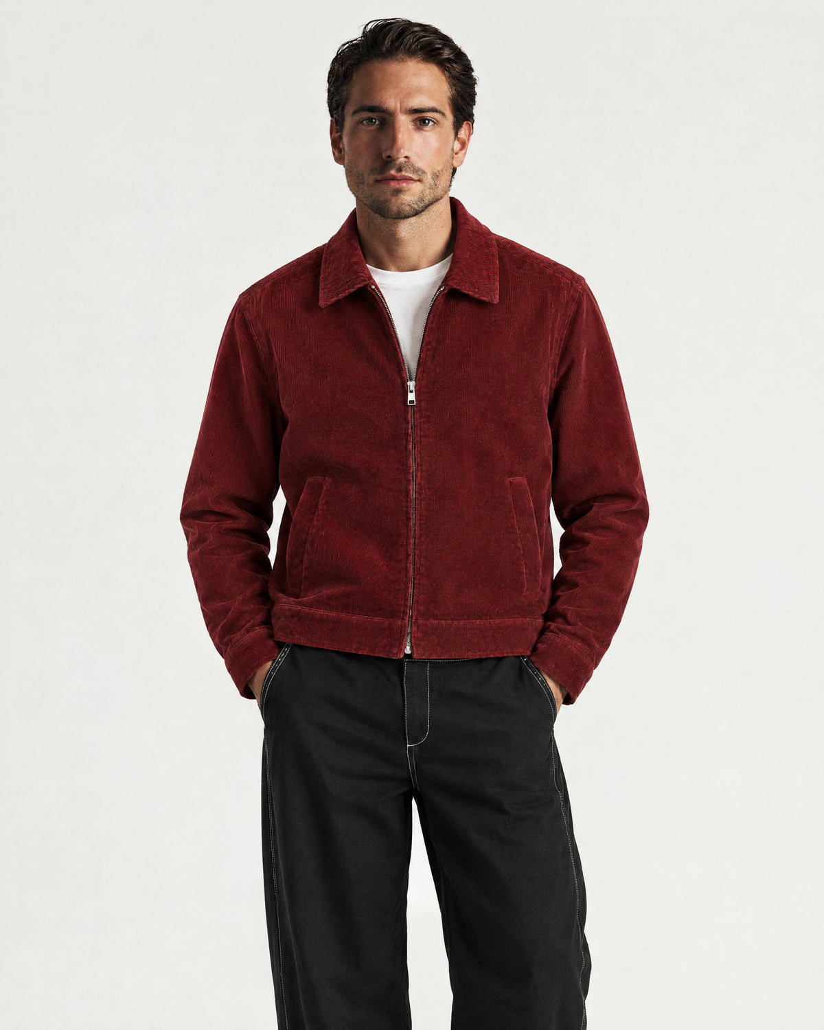 Romimi Corduroy Harrington in Burgundy, worn