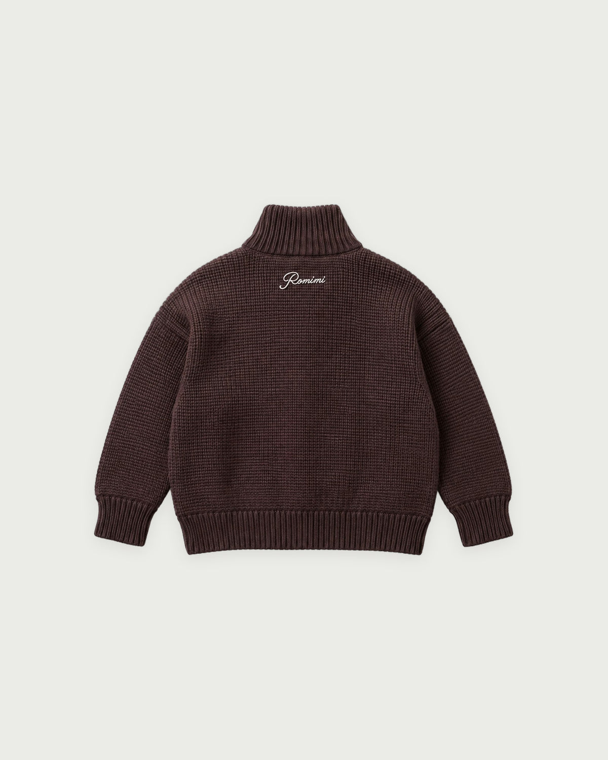 Romimi Core Zip Sweater in Chocolat, kids product shot, back view