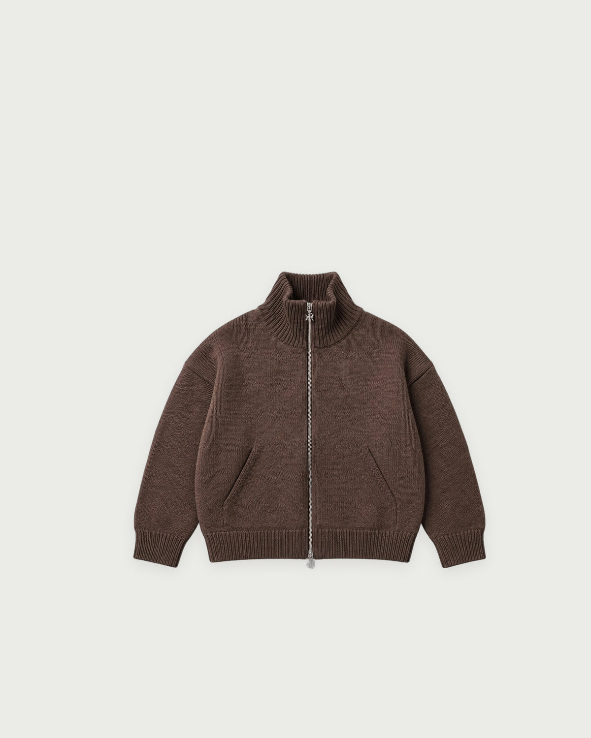 Romimi Core Zip Sweater in Chocolat, kids product shot, front view