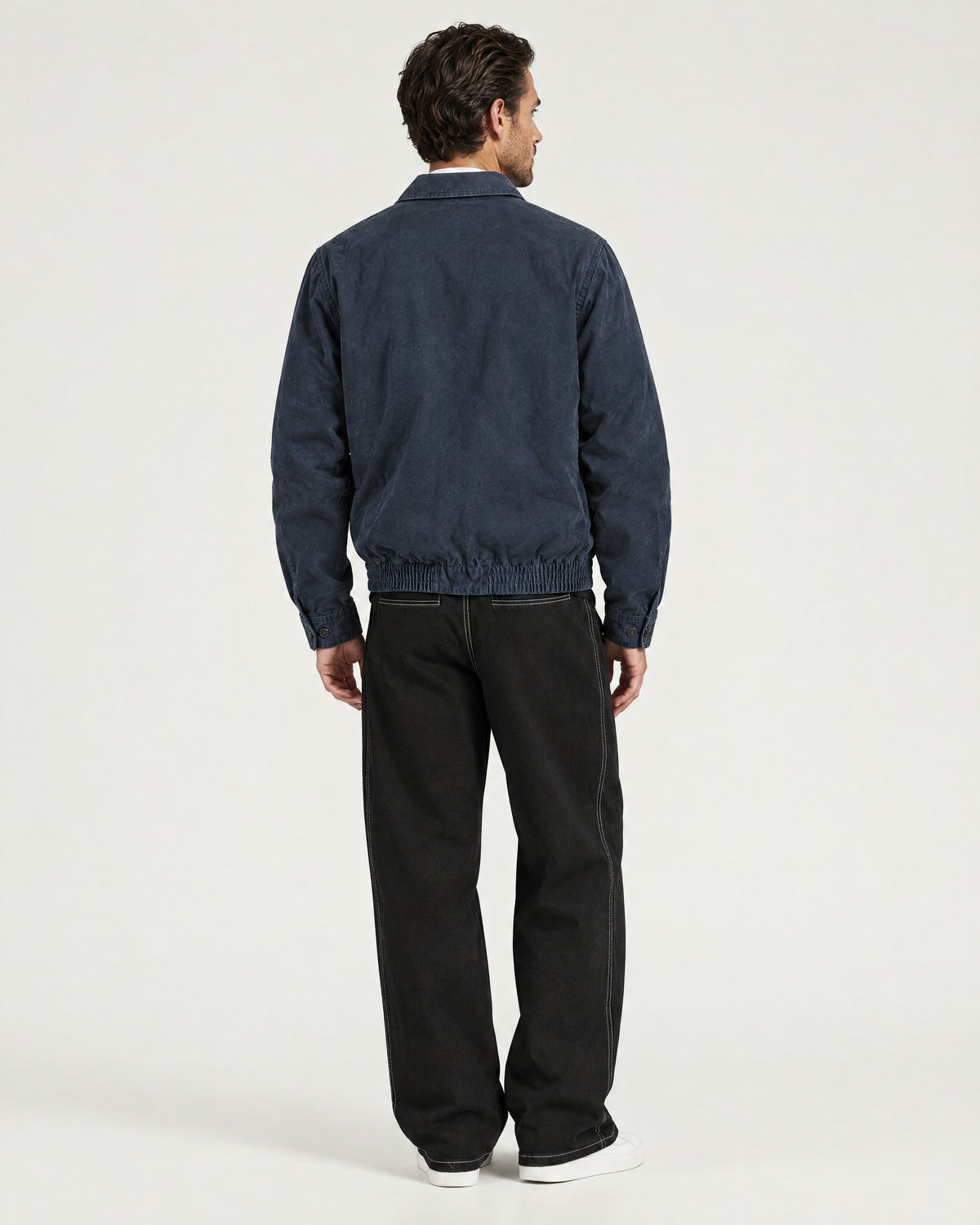 Romimi Cotton Twill Harrington in Navy, back view, worn