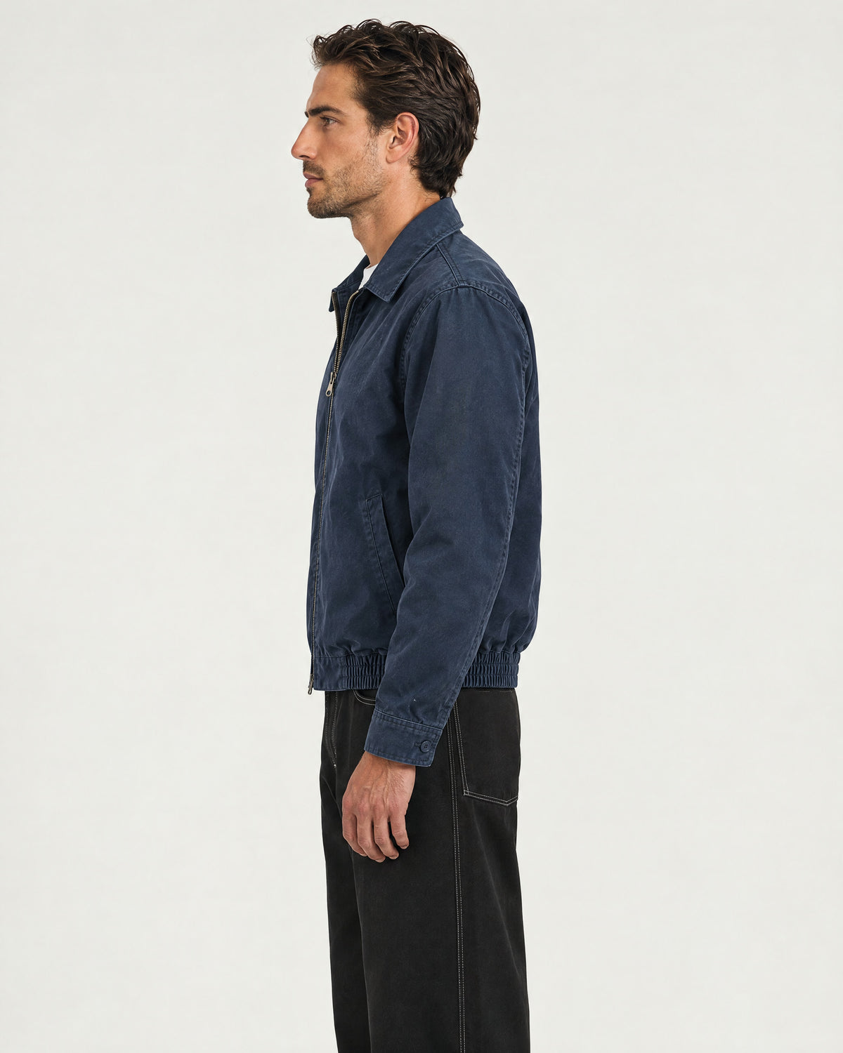 Romimi Cotton Twill Harrington in Navy, side view, worn