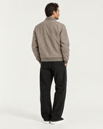 Romimi Faux Suede Bomber in Grey, back view, worn