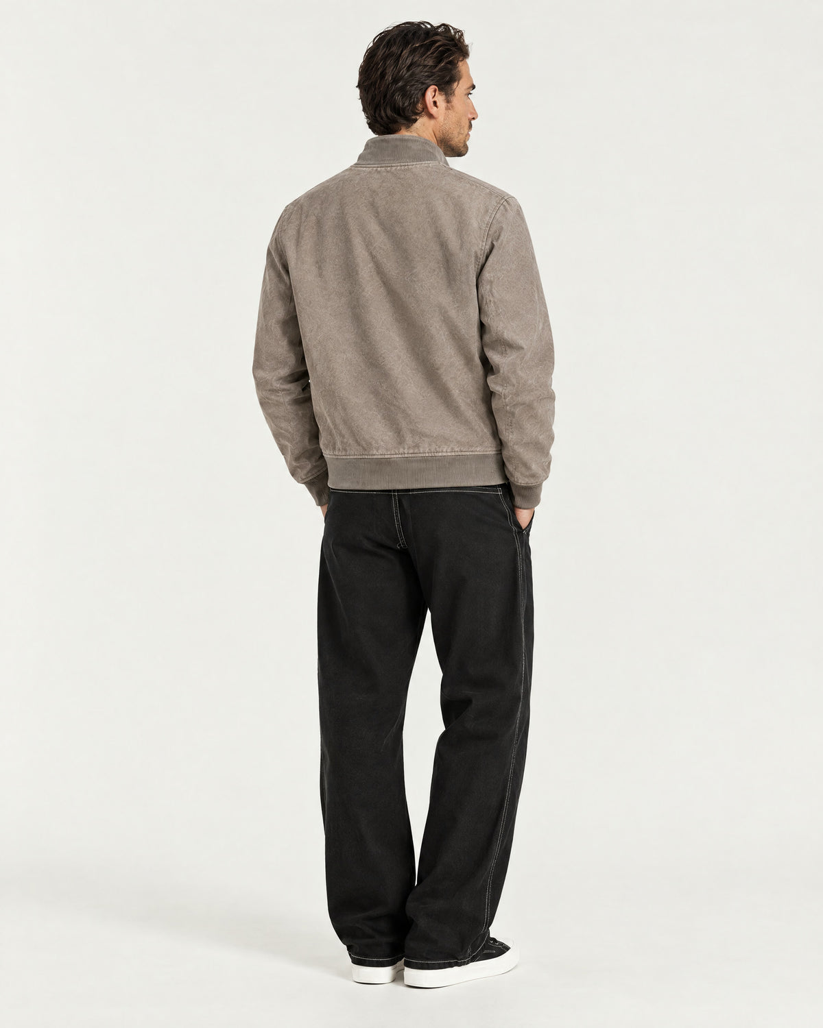Romimi Faux Suede Bomber in Grey, back view, worn
