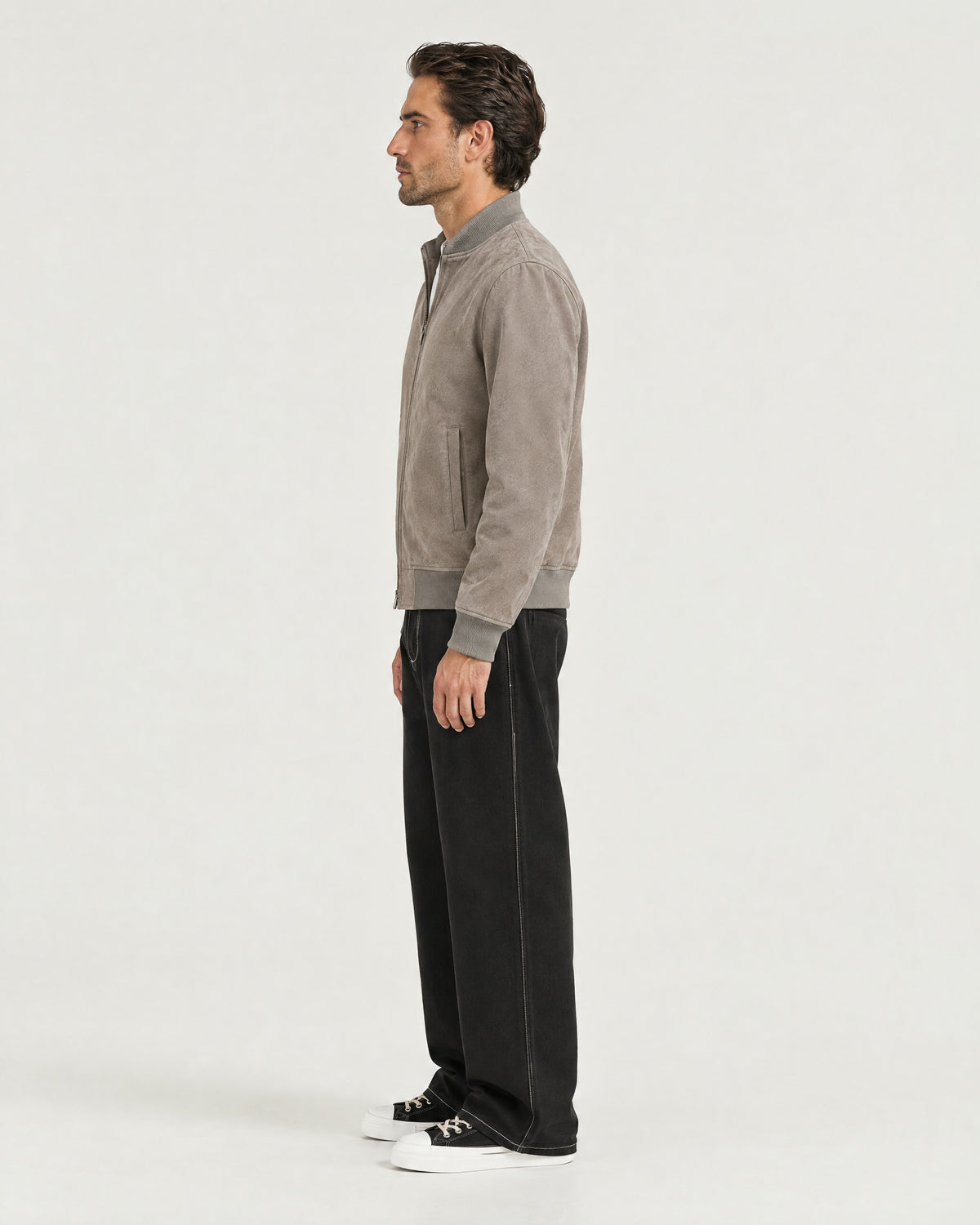 Romimi Faux Suede Bomber in Grey, side view, worn