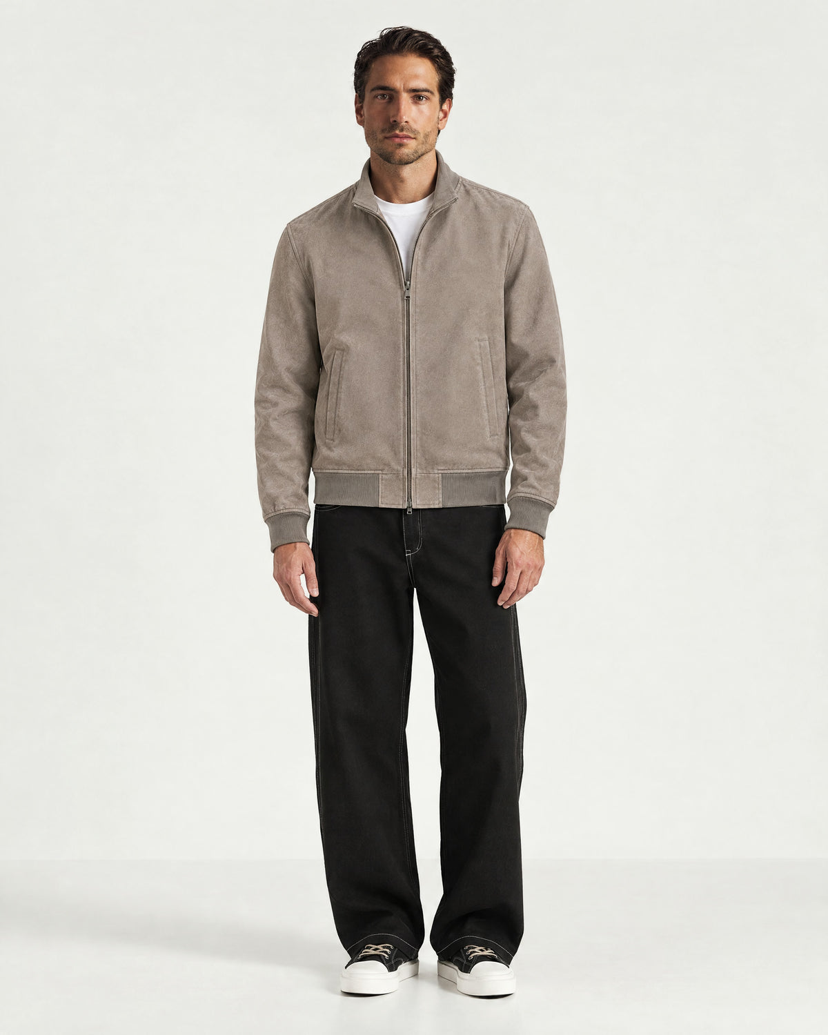 Romimi Faux Suede Bomber in Grey, worn