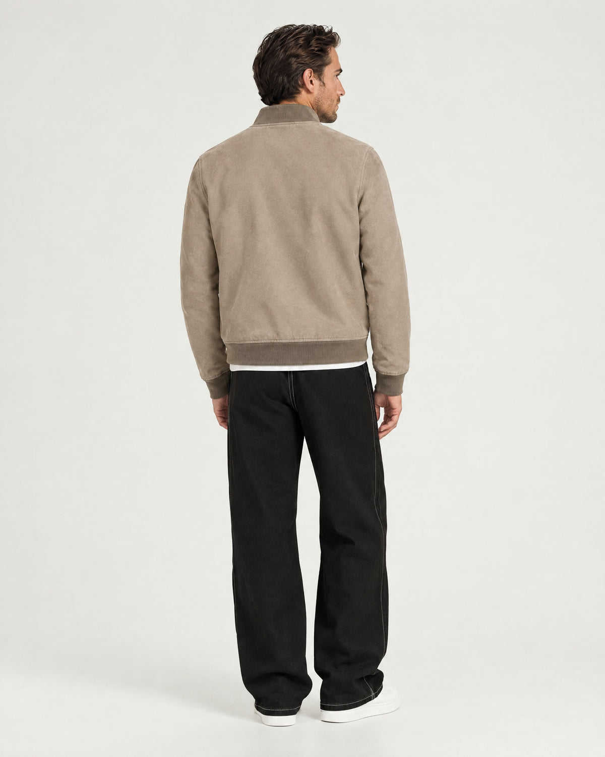 Romimi Faux Suede Bomber in Taupe, back view, worn