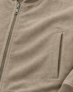 Romimi Faux Suede Bomber in Taupe, fabric close-up