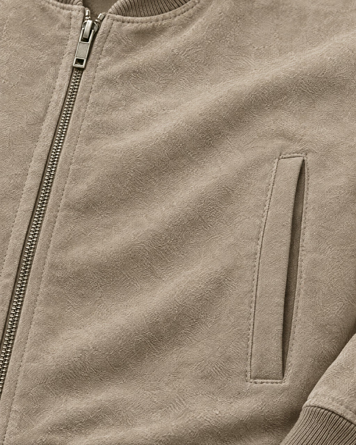 Romimi Faux Suede Bomber in Taupe, fabric close-up