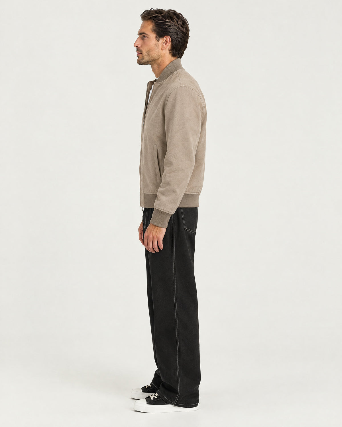 Romimi Faux Suede Bomber in Taupe, side view, worn