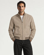 Romimi Faux Suede Bomber in Taupe, worn