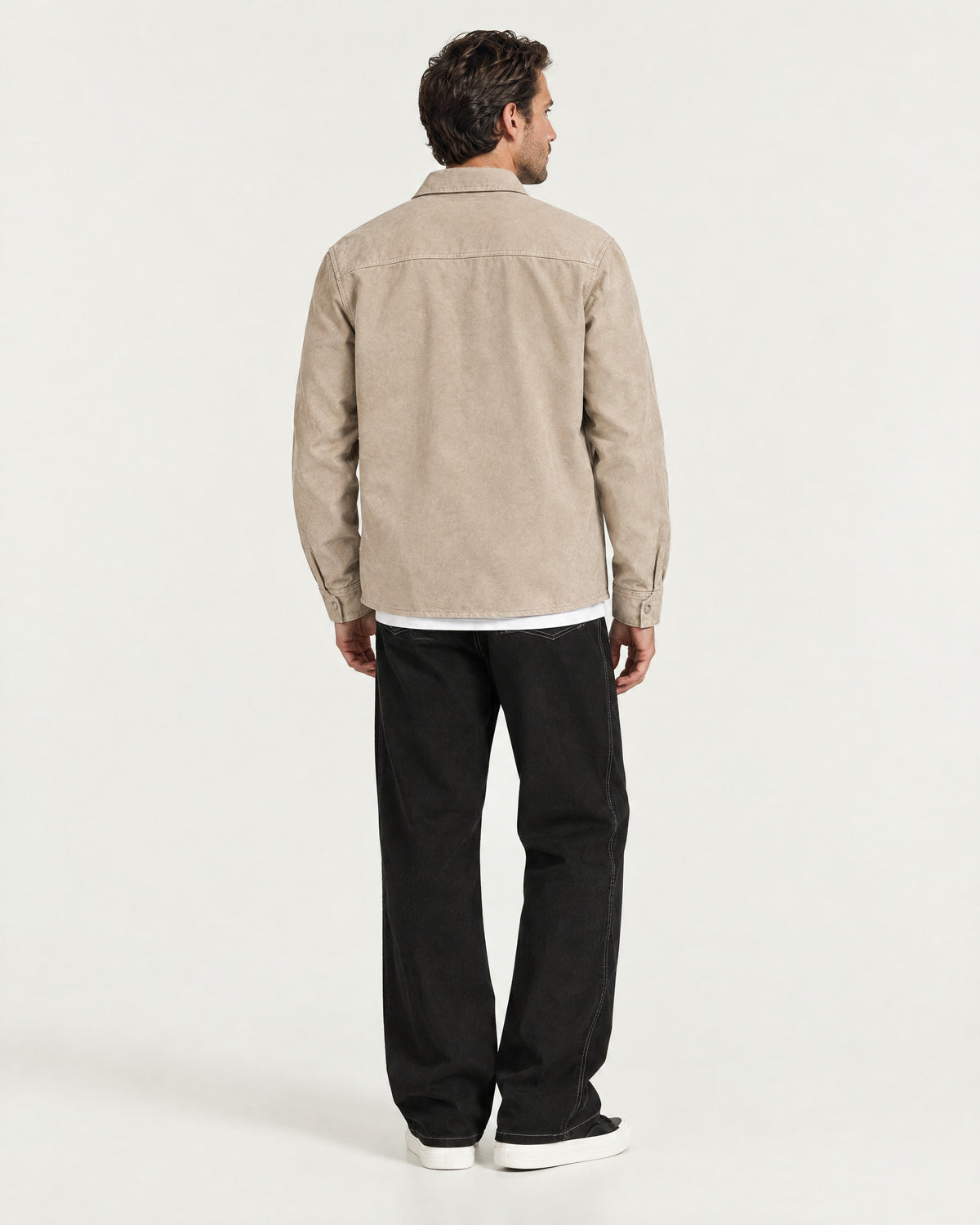 Romimi Faux Suede Overshirt in Beige, back view, worn
