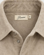 Romimi Faux Suede Overshirt in Beige, label close-up