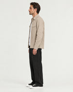 Romimi Faux Suede Overshirt in Beige, side view, worn