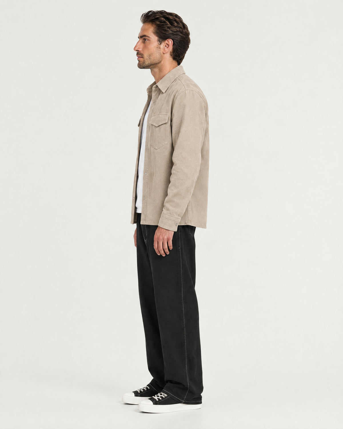 Romimi Faux Suede Overshirt in Beige, side view, worn