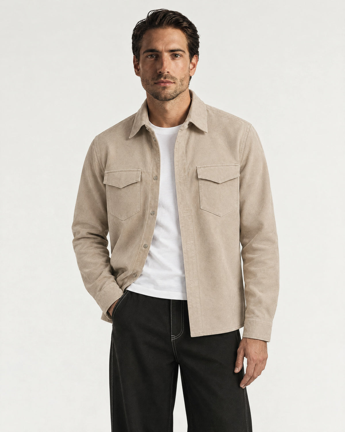 Romimi Faux Suede Overshirt in Beige, worn