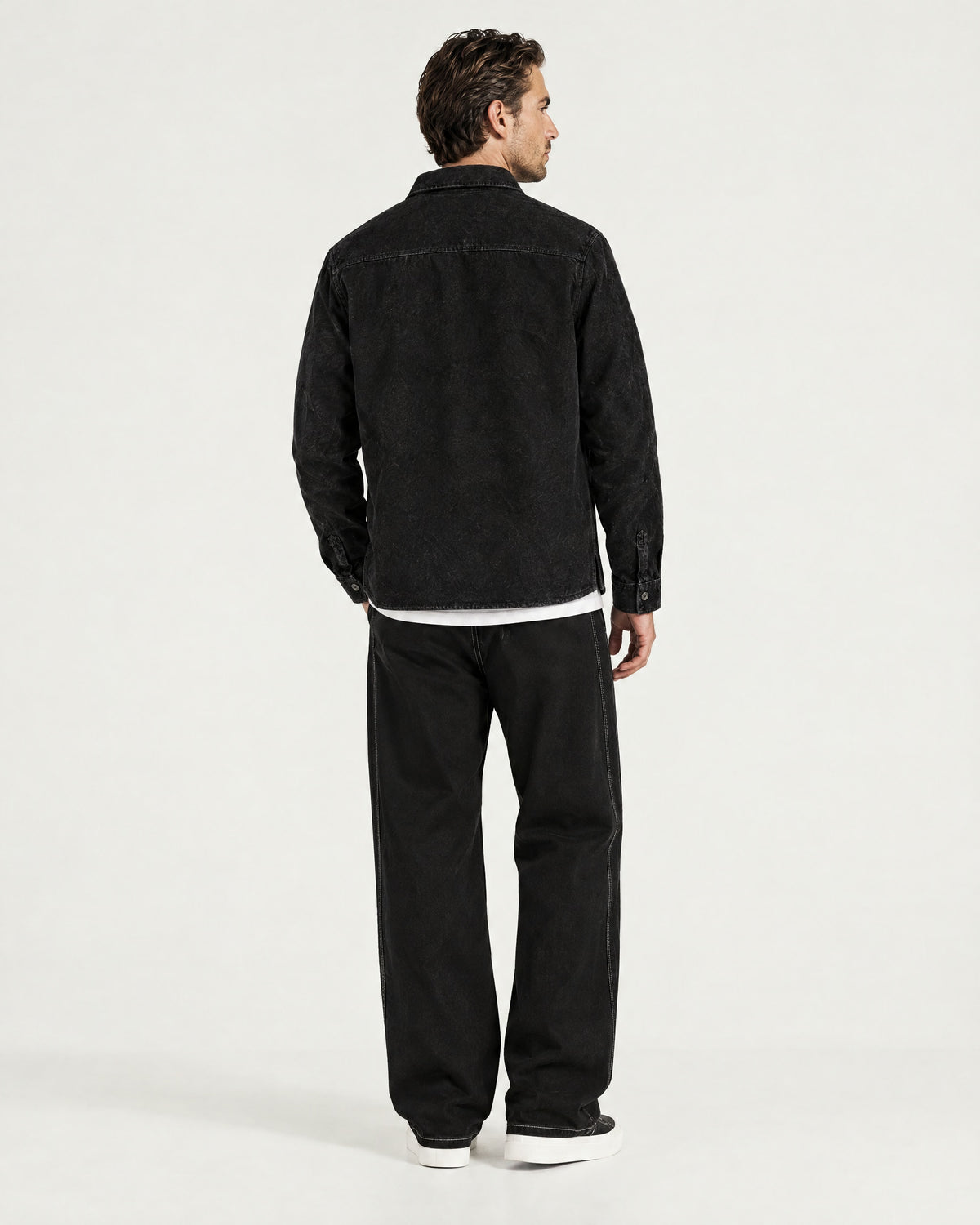Romimi Faux Suede Overshirt in Black, back view, worn