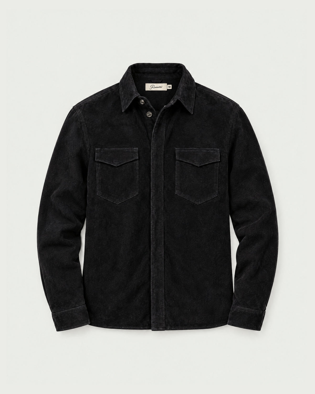 Romimi Faux Suede Overshirt in Black, front view