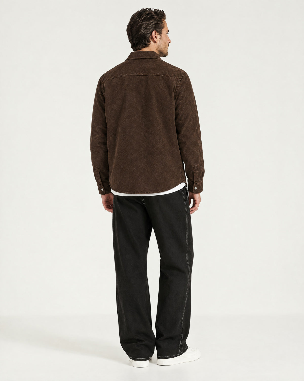 Romimi Faux Suede Overshirt in Chocolate, back view, worn