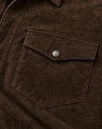 Romimi Faux Suede Overshirt in Chocolate, fabric close-up