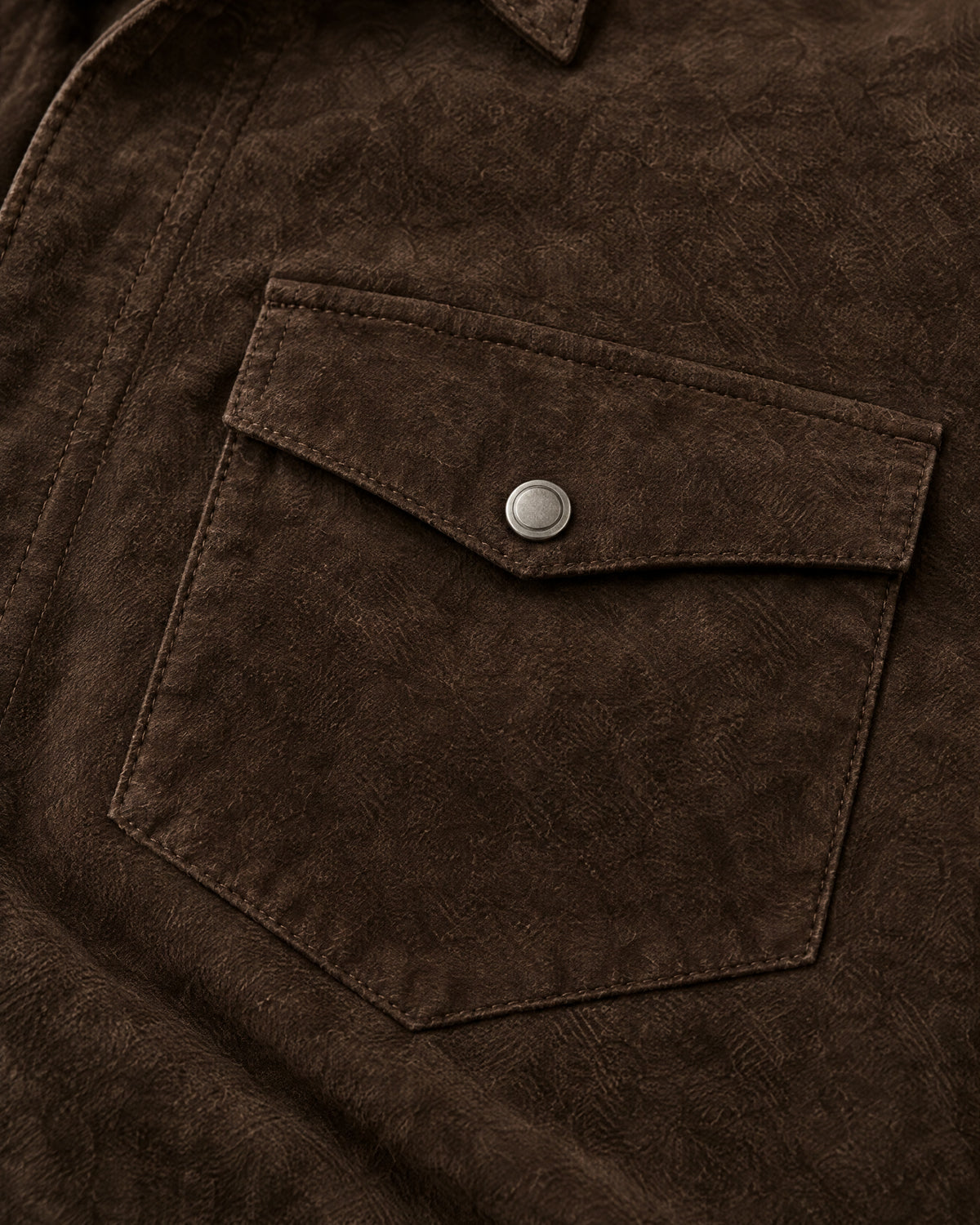 Romimi Faux Suede Overshirt in Chocolate, fabric close-up