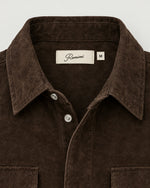 Romimi Faux Suede Overshirt in Chocolate, label close-up