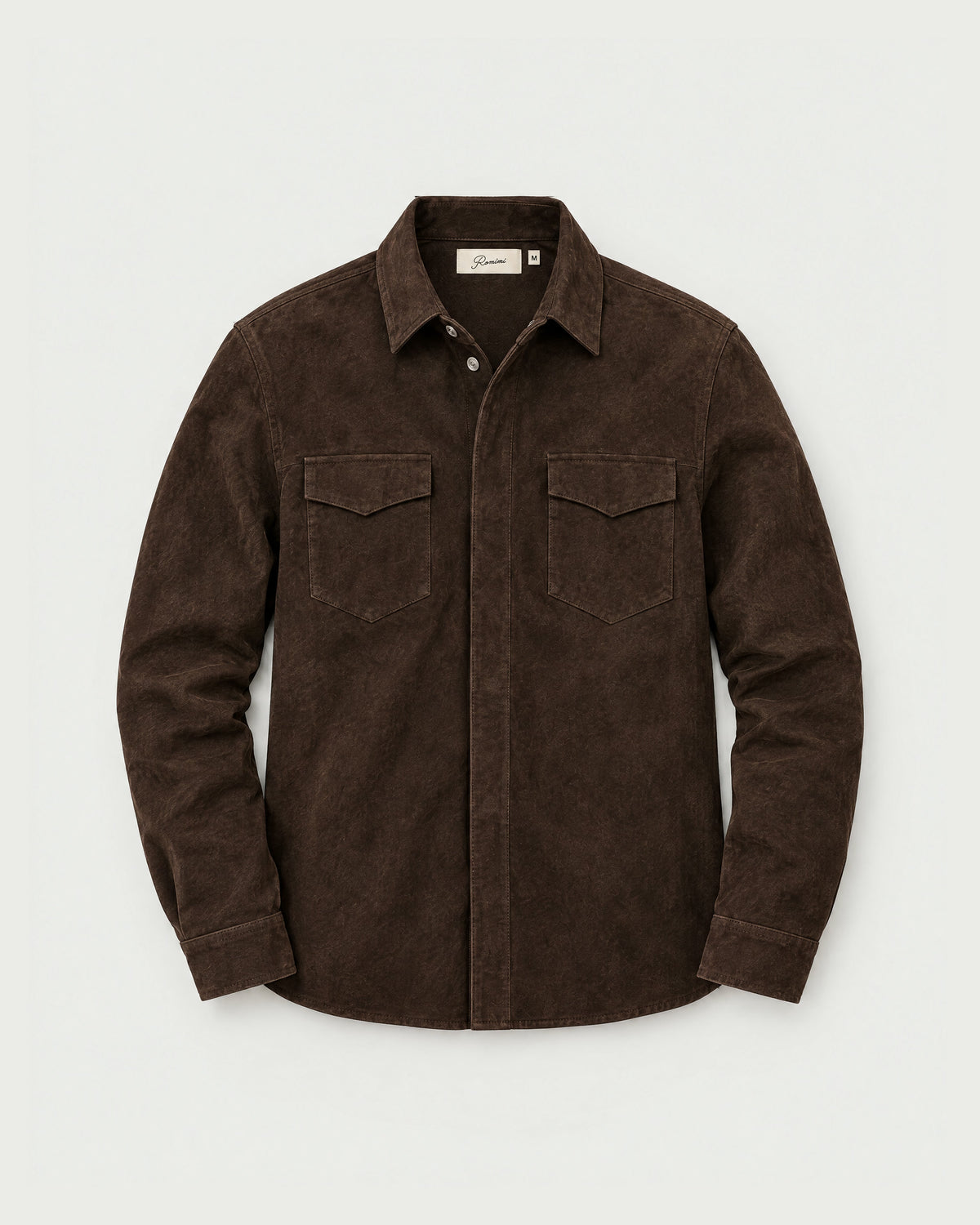 Romimi Faux Suede Overshirt in Chocolate, front view
