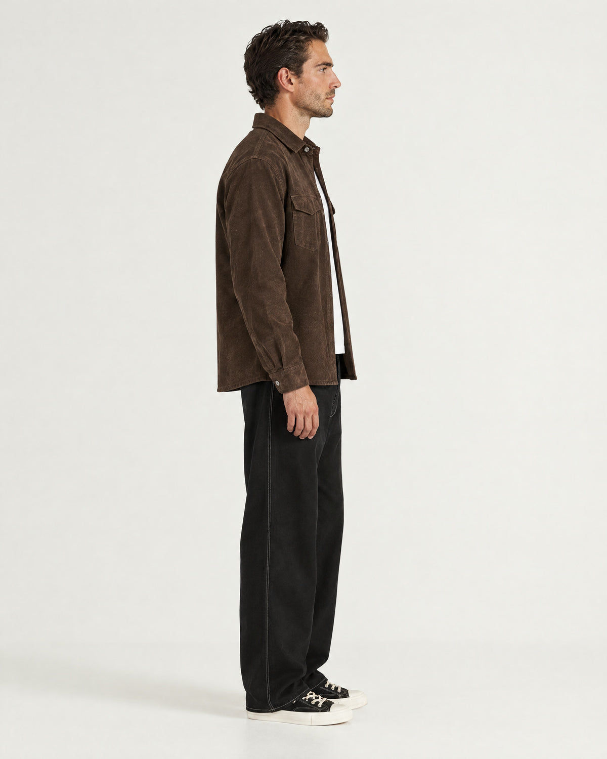 Romimi Faux Suede Overshirt in Chocolate, side view, worn