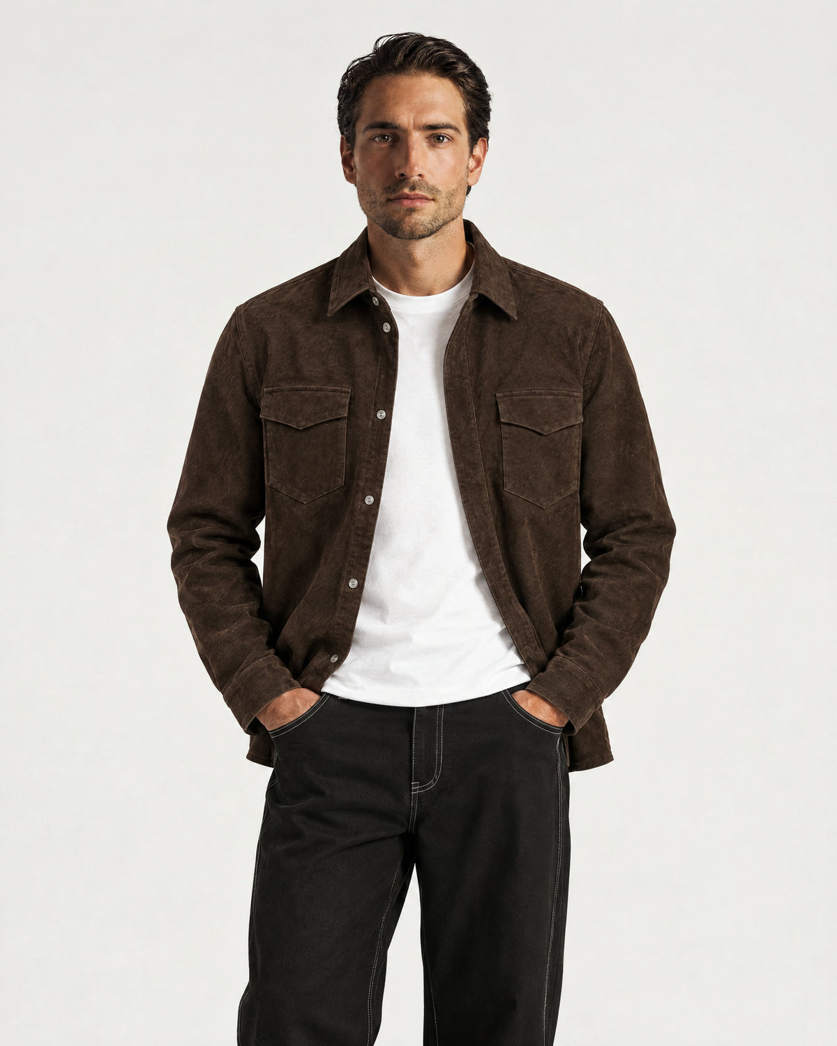 Romimi Faux Suede Overshirt in Chocolate, worn