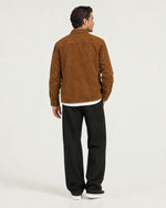 Romimi Faux Suede Overshirt in Cognac, back view, worn