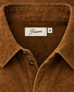 Romimi Faux Suede Overshirt in Cognac, label close-up