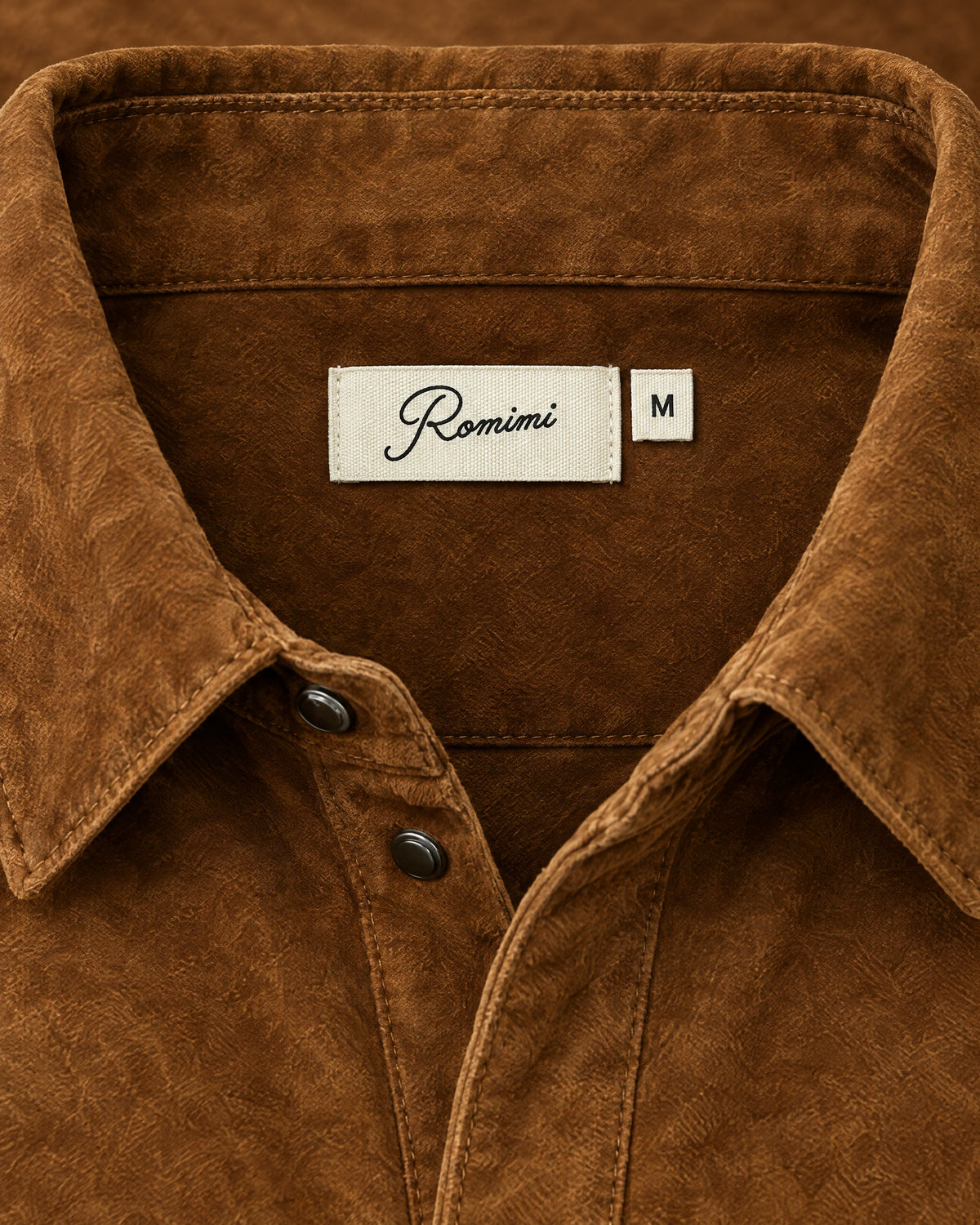 Romimi Faux Suede Overshirt in Cognac, label close-up
