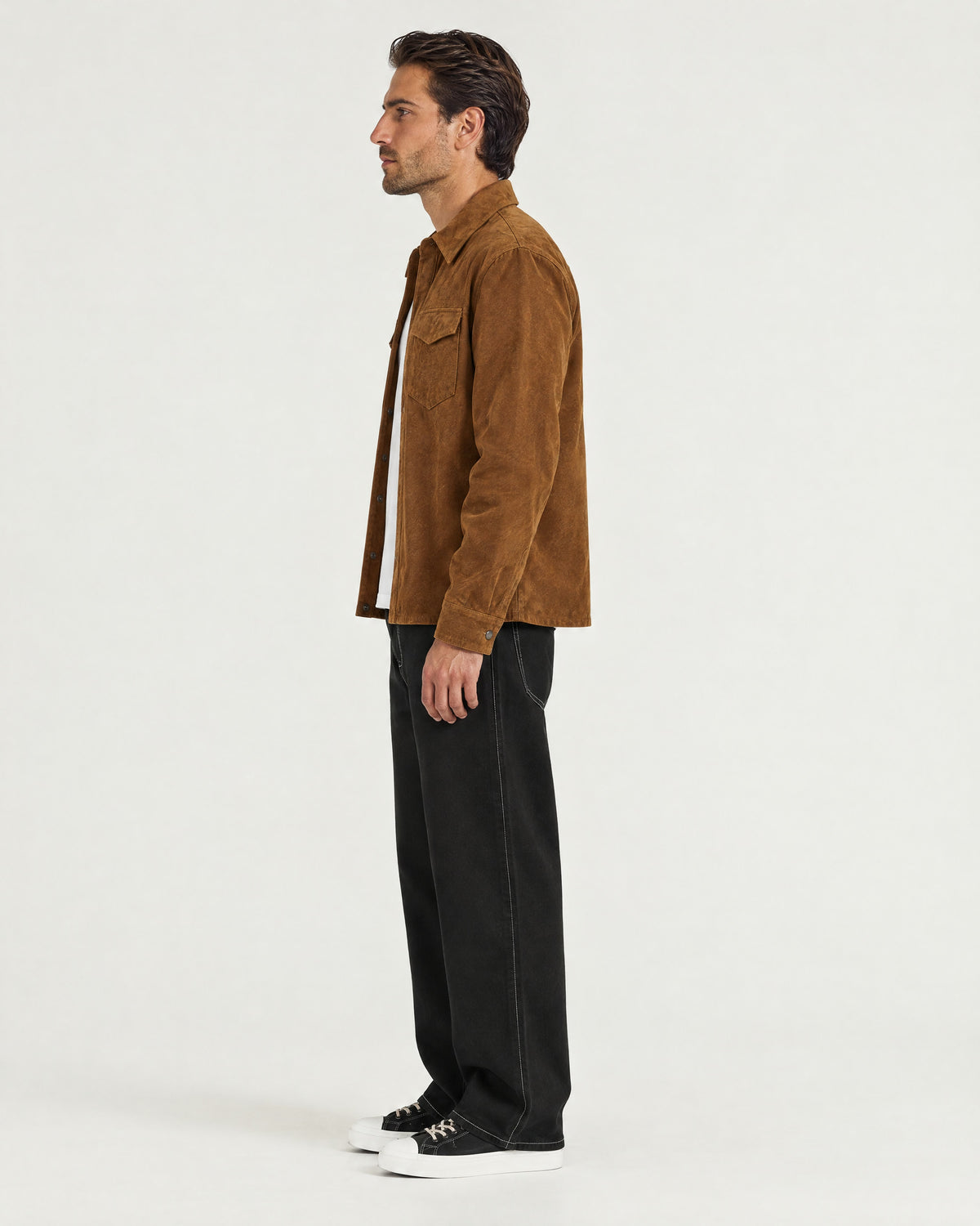 Romimi Faux Suede Overshirt in Cognac, side view, worn