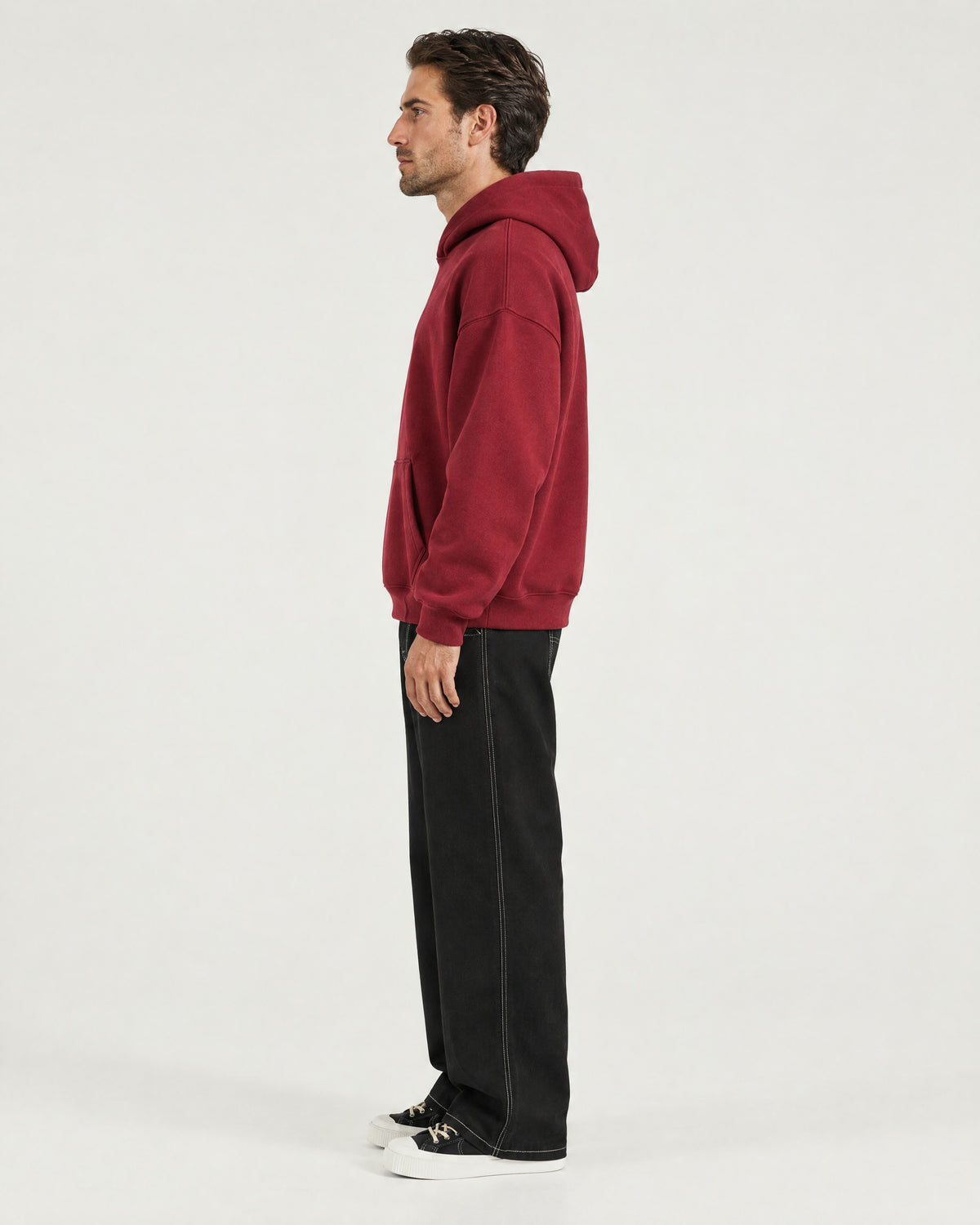 Romimi Heavyweight Hoodie in Burgundy, side view, worn