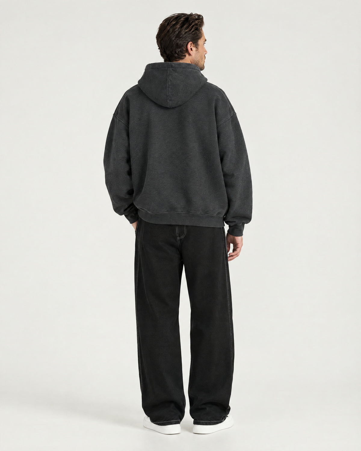 Romimi Heavyweight Hoodie in Charcoal, back view, worn