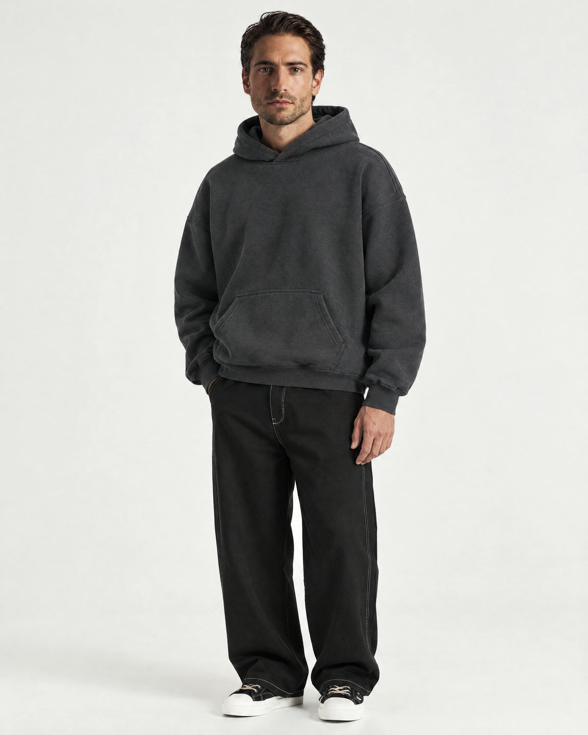 Romimi Heavyweight Hoodie in Charcoal, worn