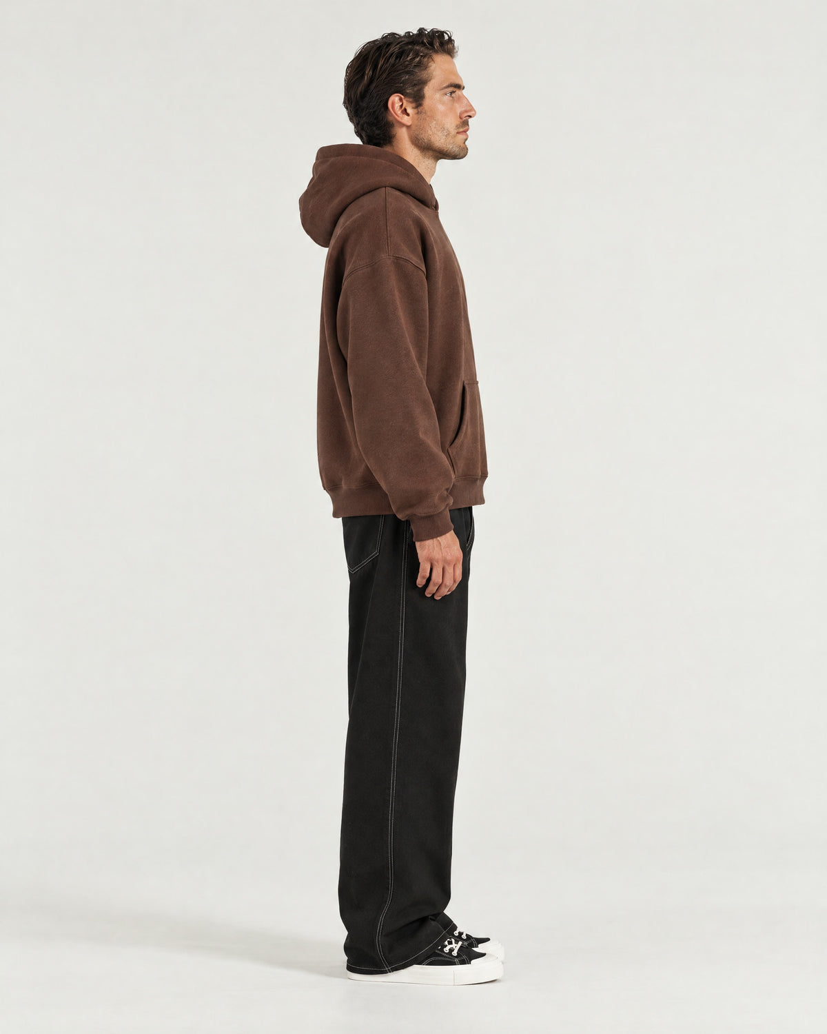 Romimi Heavyweight Hoodie in Chocolate, side view, worn