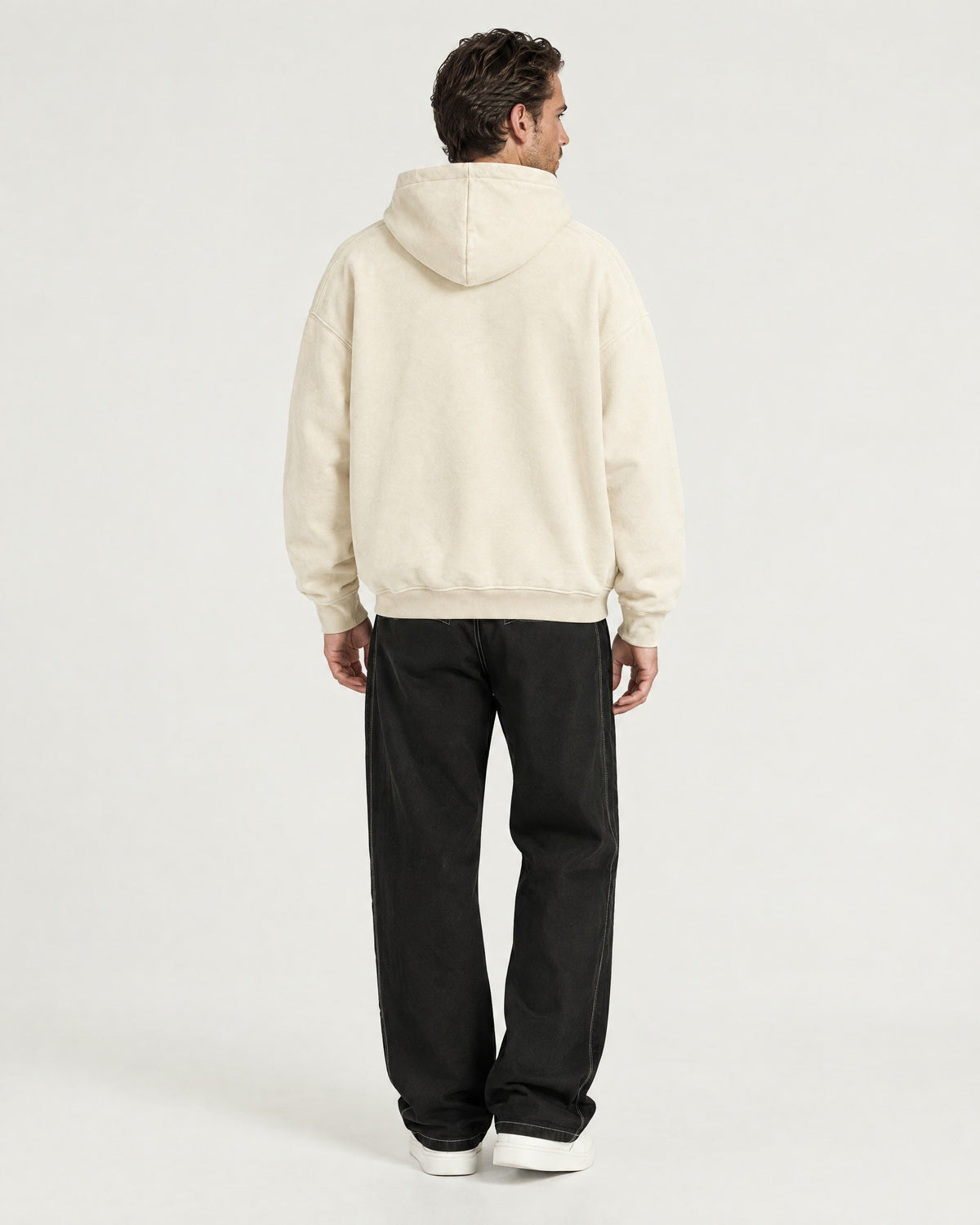 Romimi Heavyweight Hoodie in Ecru, back view, worn