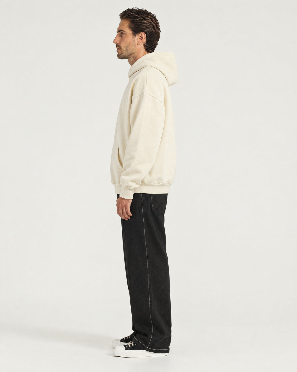Romimi Heavyweight Hoodie in Ecru, side view, worn
