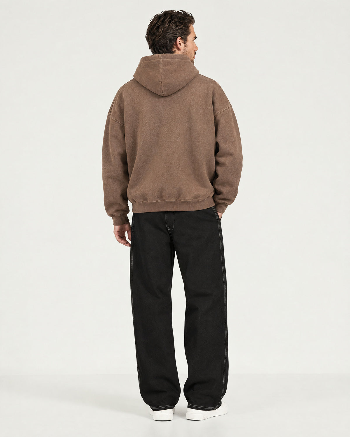 Romimi Heavyweight Hoodie in Mocha, back view, worn