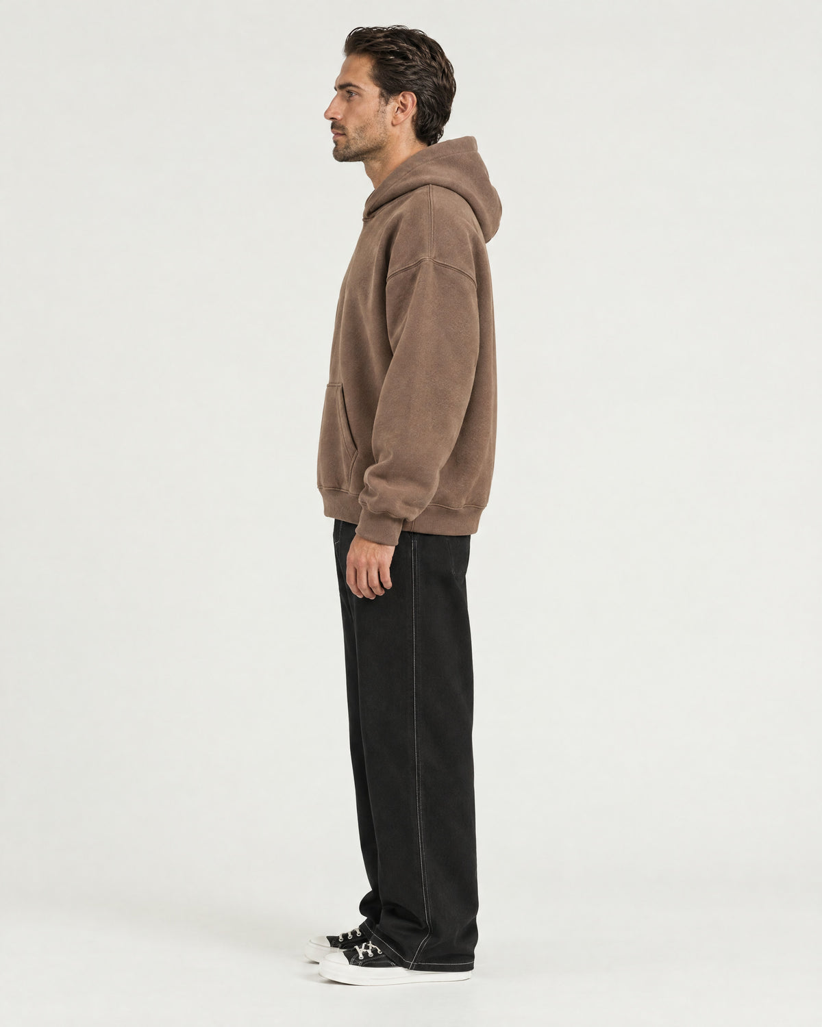 Romimi Heavyweight Hoodie in Mocha, side view, worn